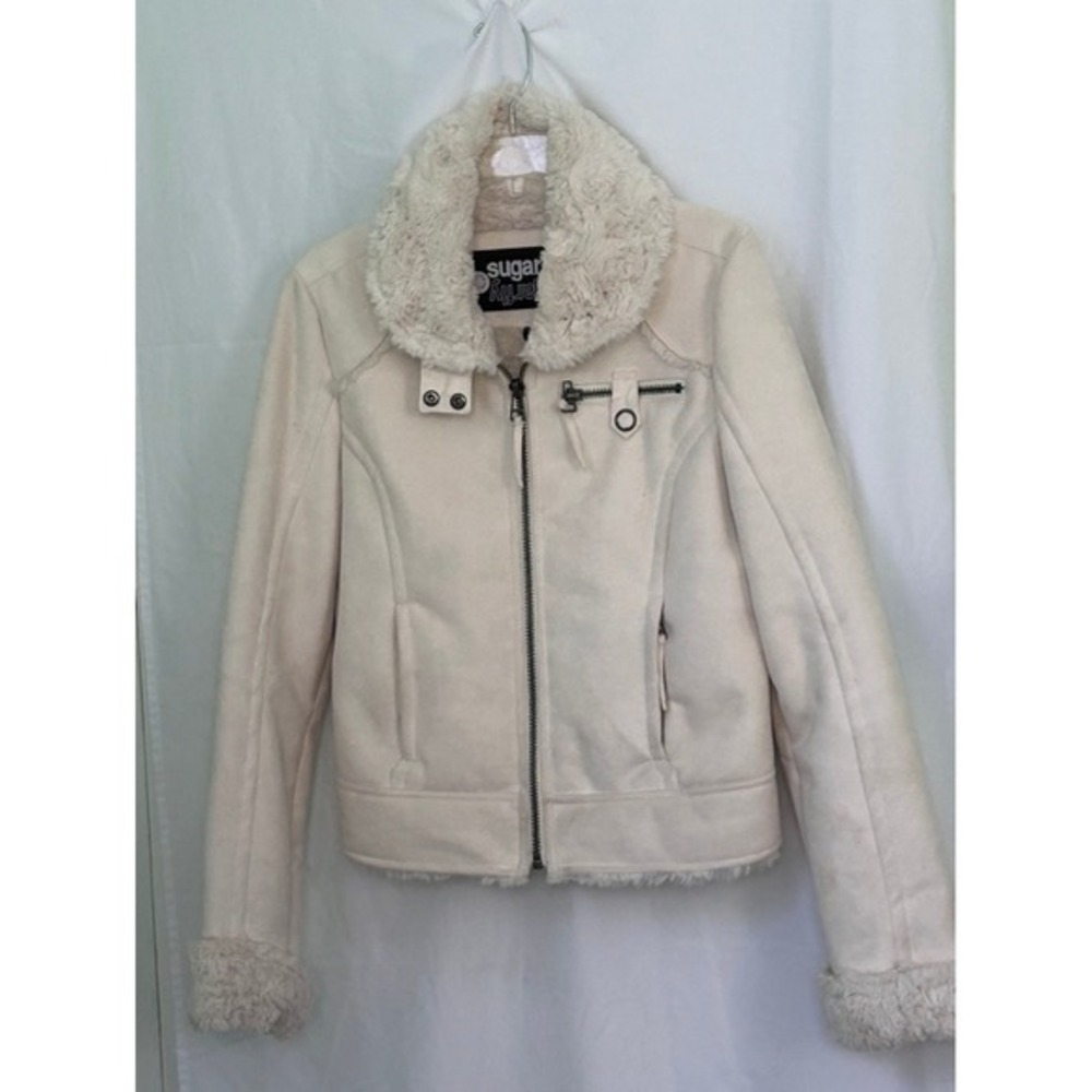 Sugarfly Faux Suede Moto Jacket Cream‎ Sherpa Collar & Trim Womens Large